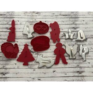 Vintage 13 Tupperware Red Plastic Aluminum Holiday Cookie Cutters 1970s